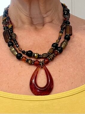 Coldwater Creek Multi-Strand beaded Necklace w/tortoise shell Teardrop Pendant